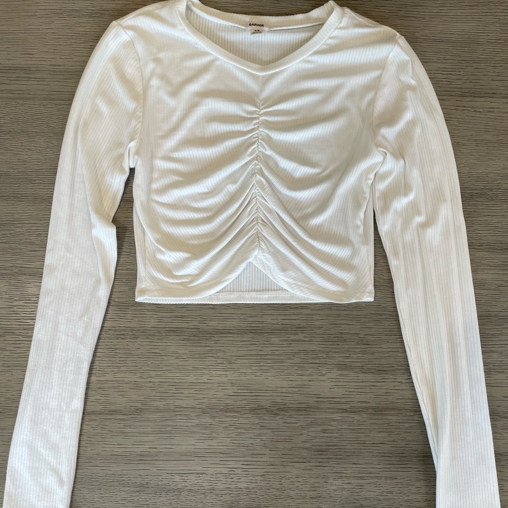 Garage White Ribbed Ruched Crop Top